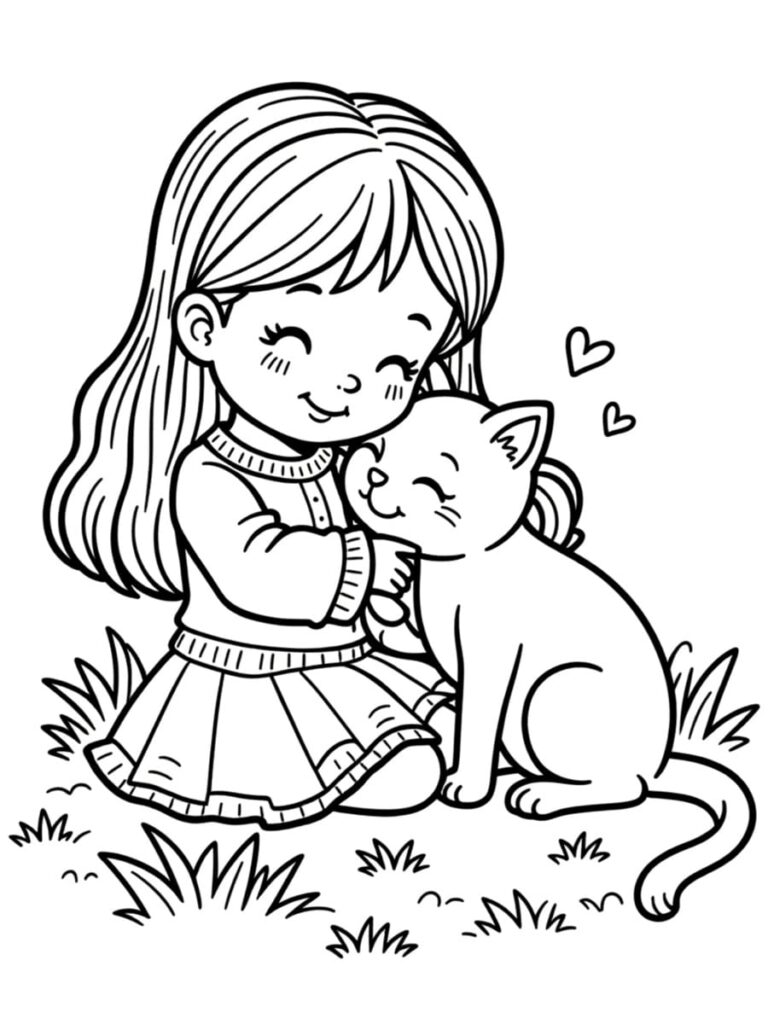 Coloriage chat et fille