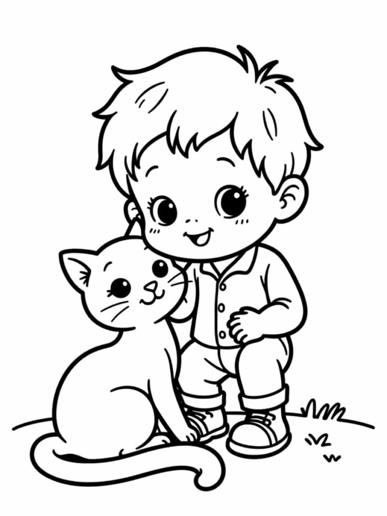 Coloriage chat et garçon