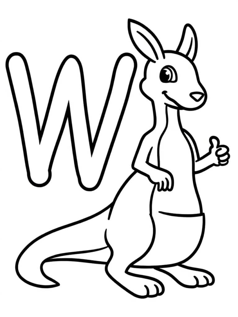 Coloriage lettre W avec wallaby
