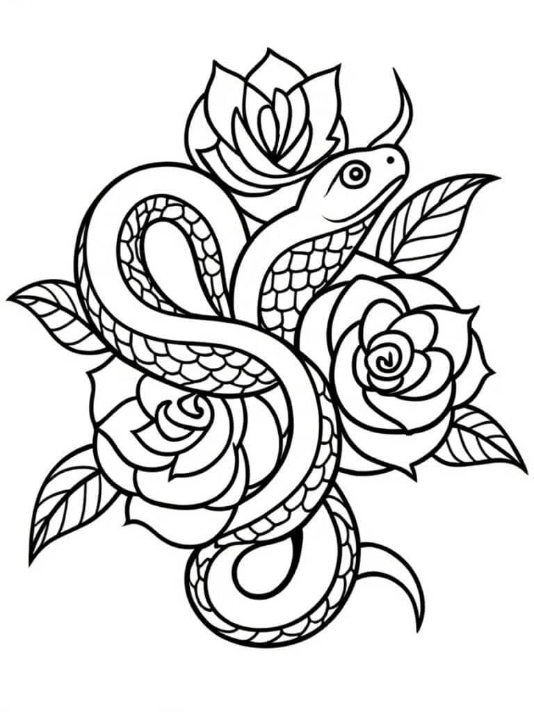 Coloriage serpent et fleur