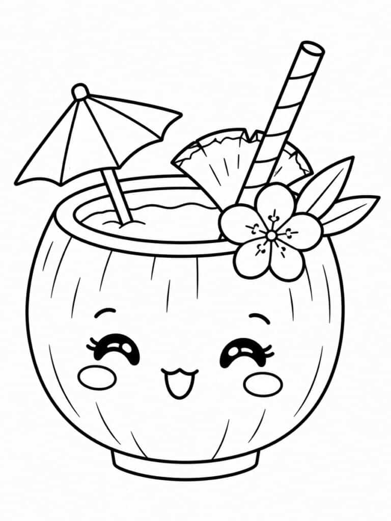 Coloriage cocktail noix de coco kawaii