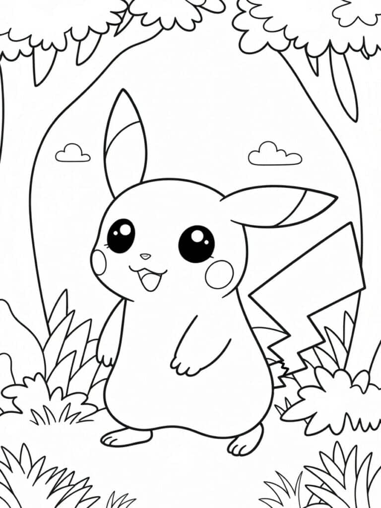 Coloriage Pikachu en forêt
