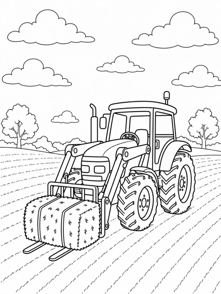 Coloriage tracteur avec botte de foin