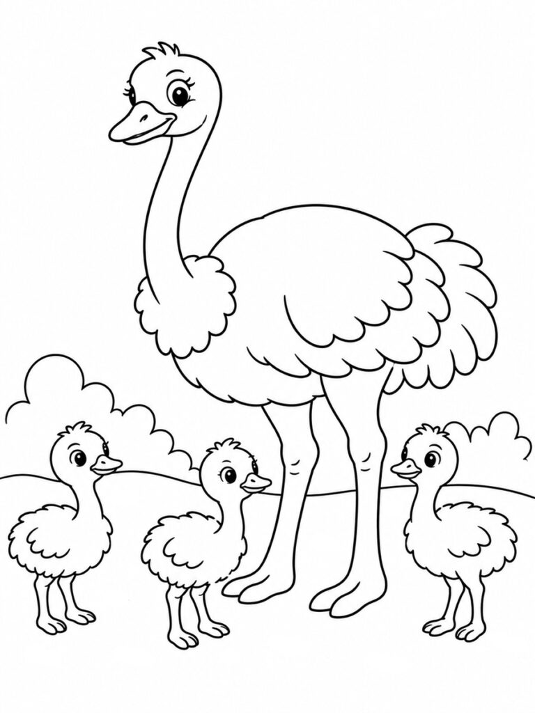 Maman autruche et bébés Coloriage maman autruche et bébés