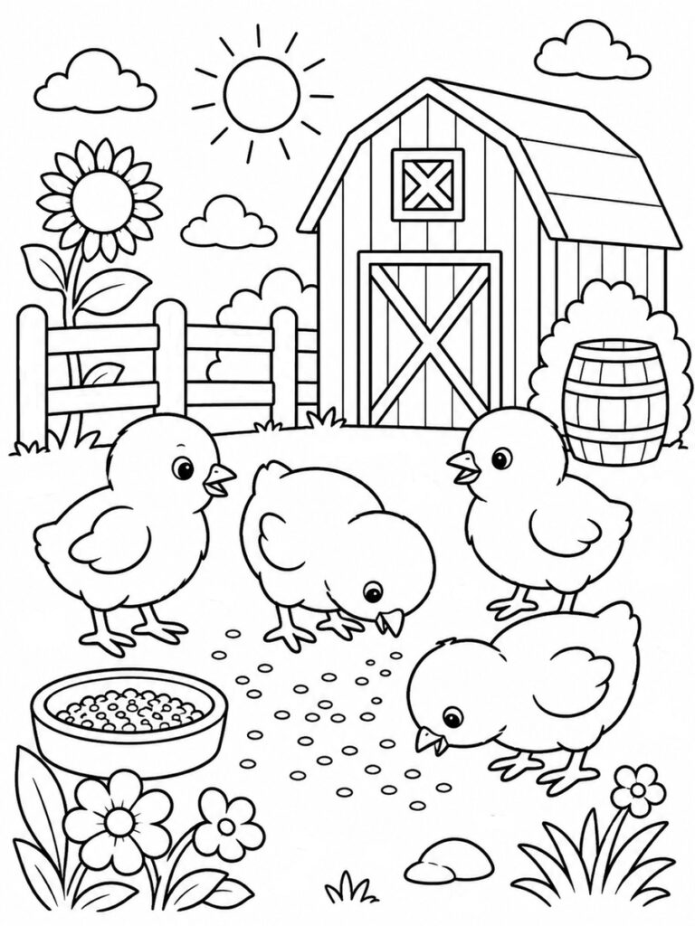 Coloriage poussins de ferme