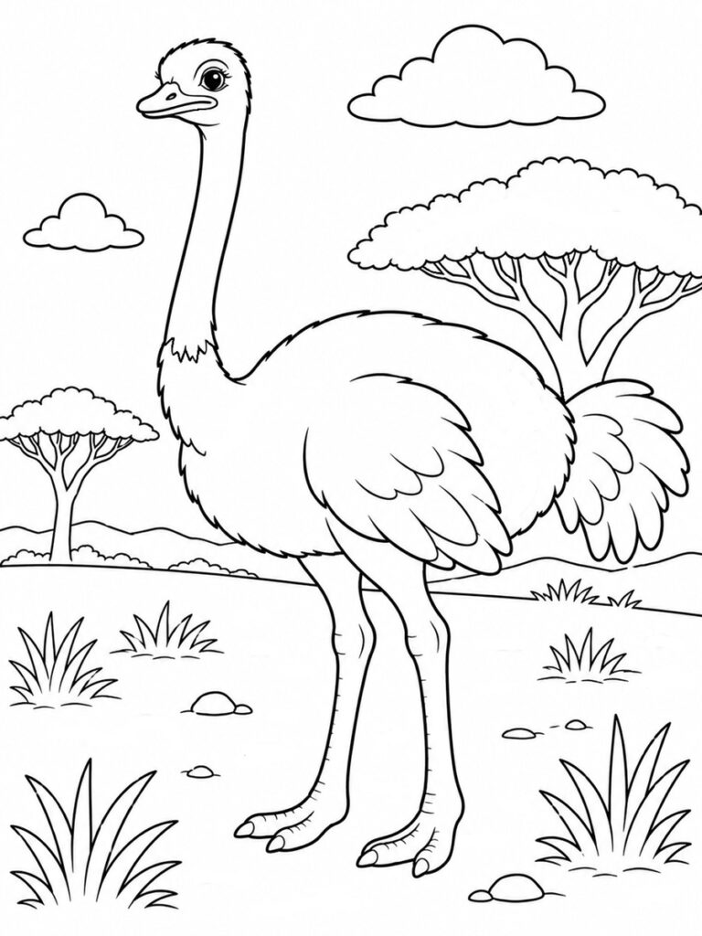 Coloriage autruche dans la savane