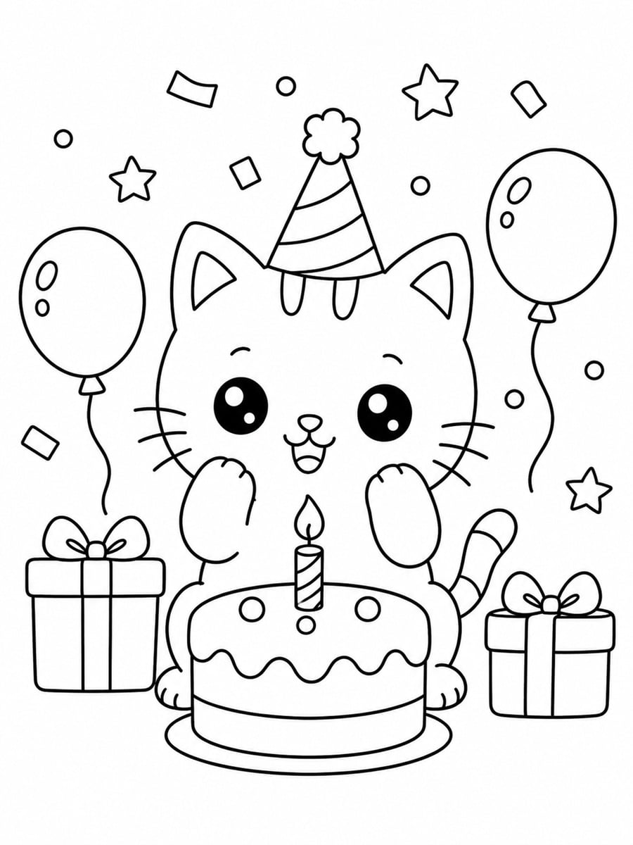 Coloriage chat anniversaire kawaii