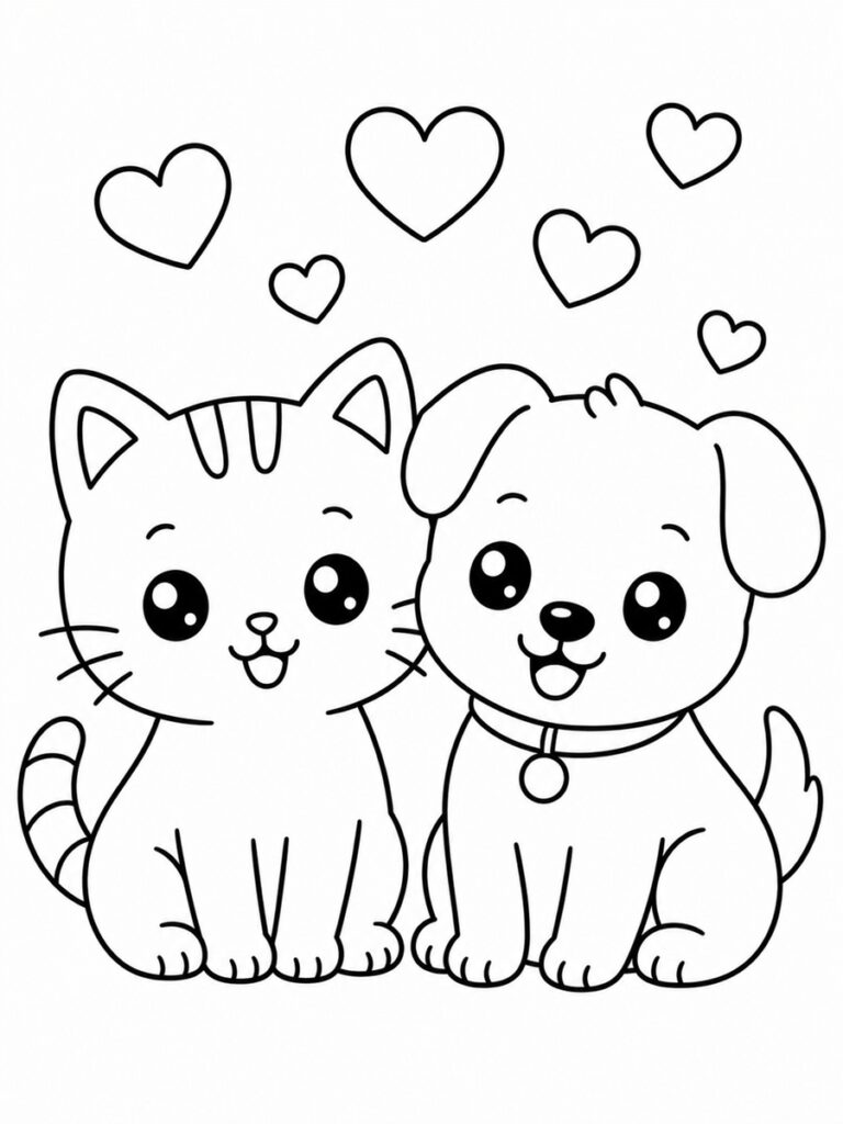 Coloriage chien et chat kawaii