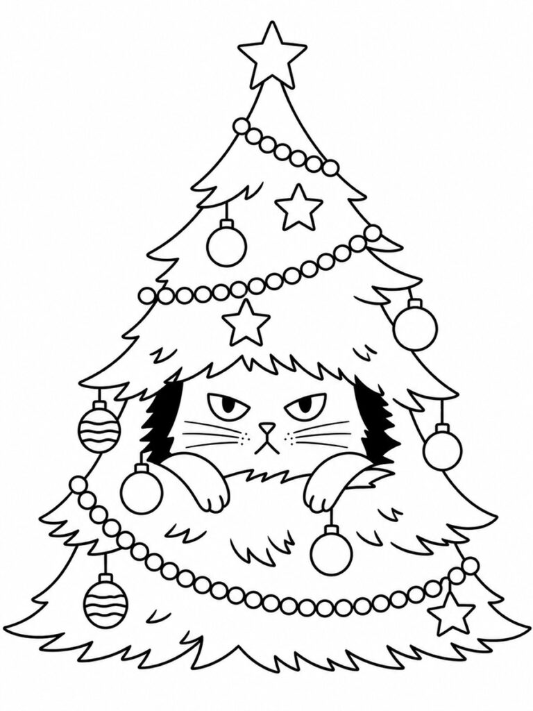 Coloriage sapin et chat