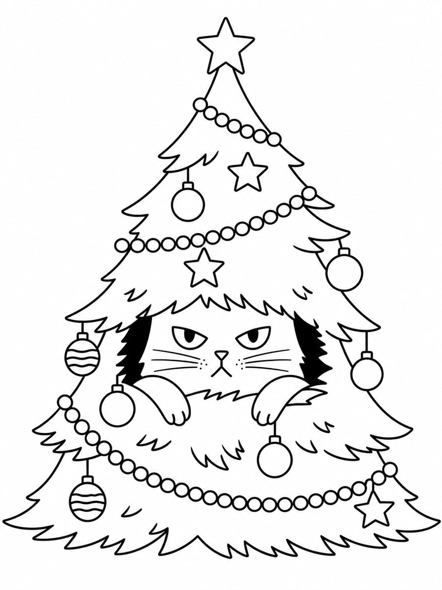 Coloriage sapin et chat