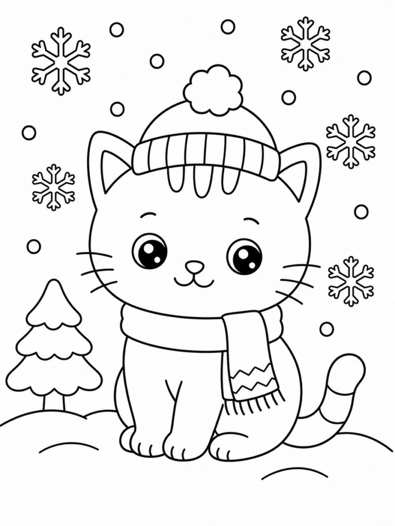Coloriage chat hiver