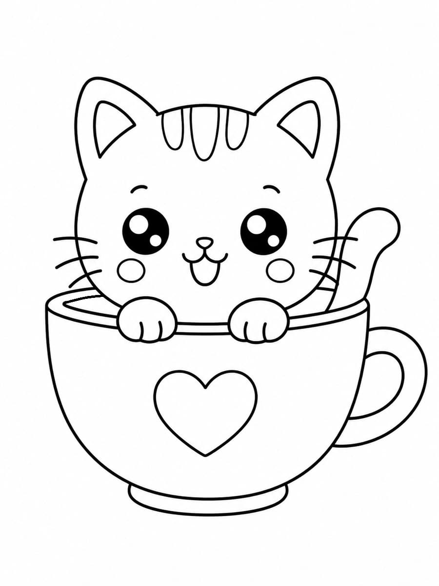 Coloriage chat kawaii dans une tasse