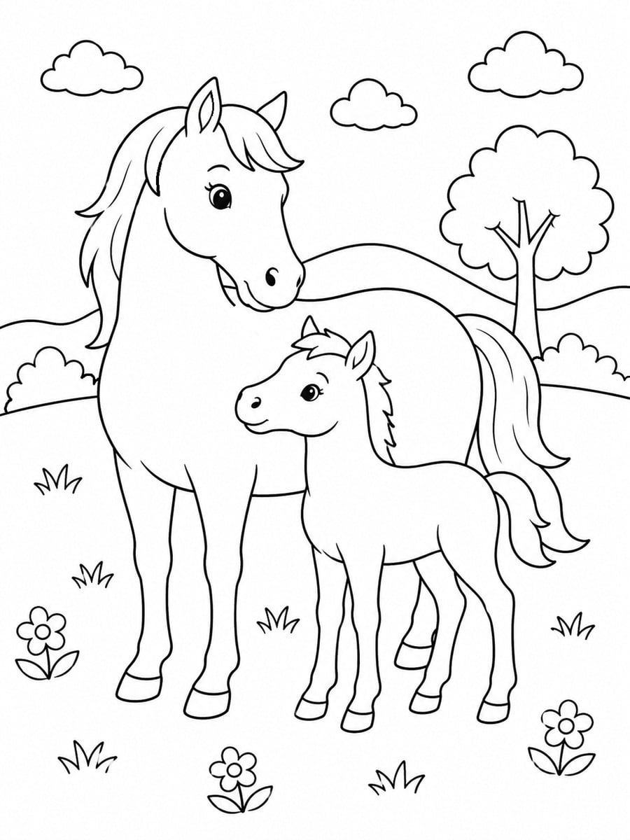 Coloriage cheval et poulain
