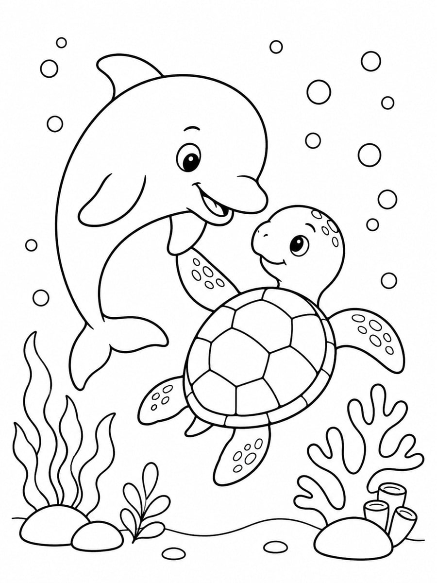 Coloriage tortue et dauphin
