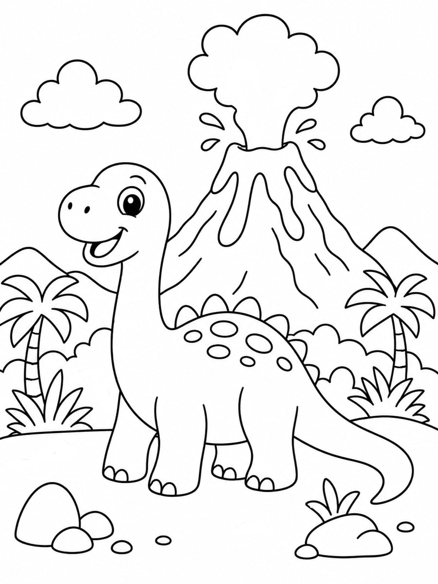 Coloriage dinosaure et volcan