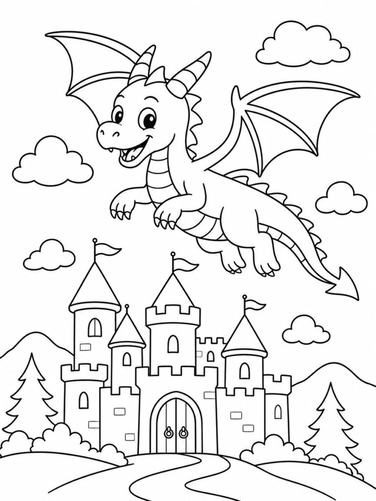 Coloriage dragon et château