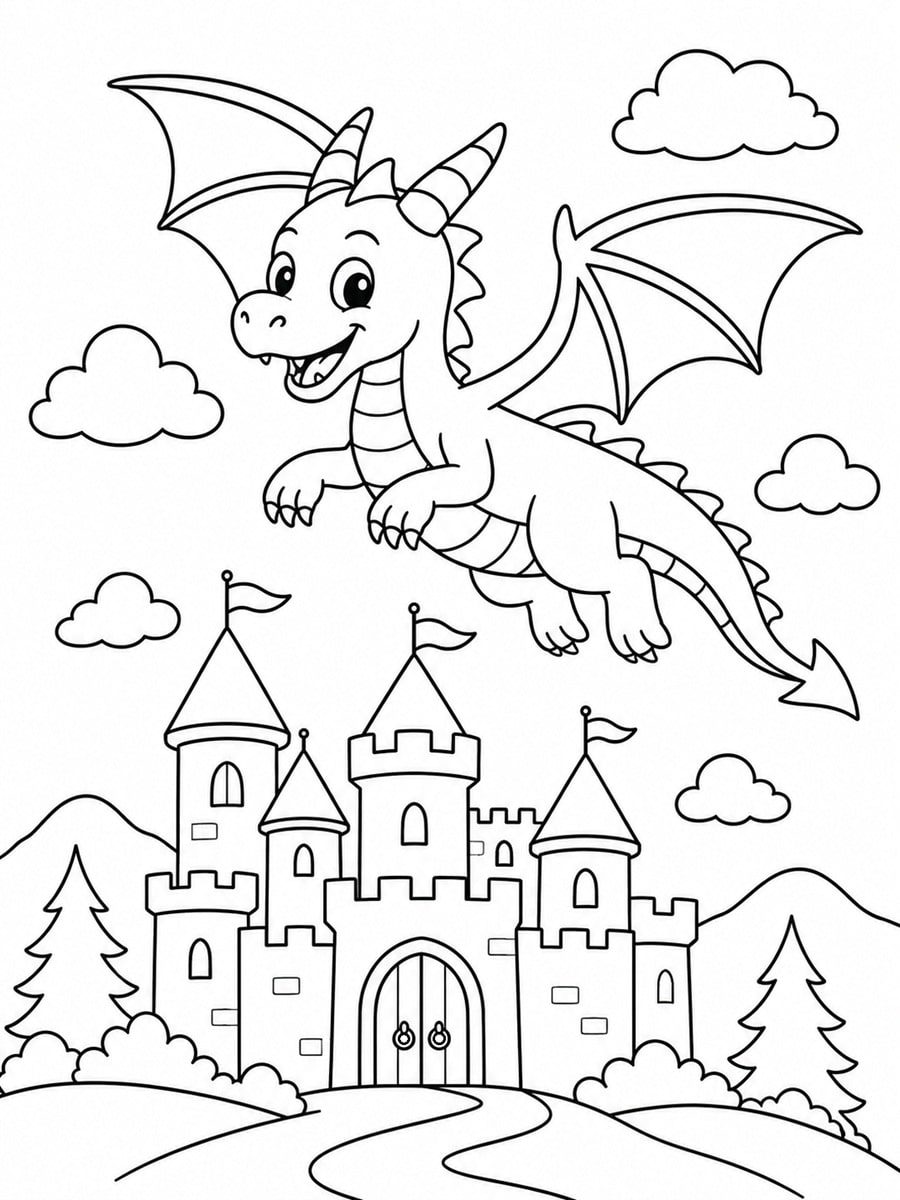 Coloriage dragon et château