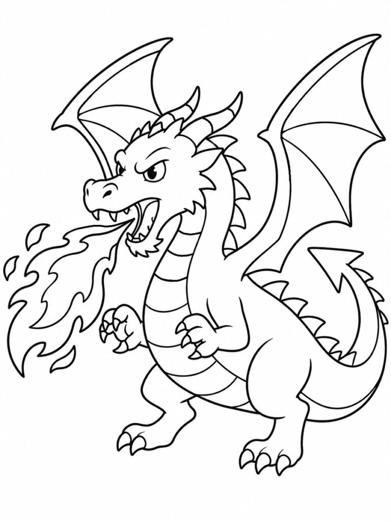 Dragon qui crache du feu Coloriage dragon feu