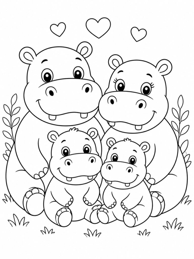 Coloriage famille hippopotame