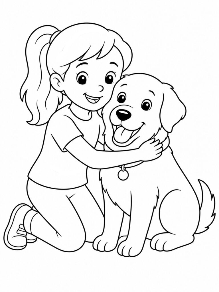 Fille avec un chien Coloriage fille avec un chien