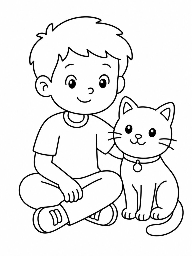 Coloriage chat et garçon