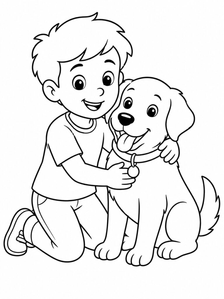 Coloriage garçon avec un chien