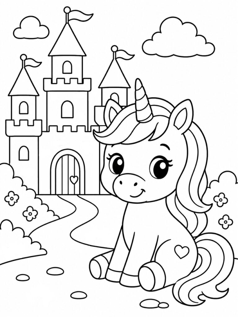 Coloriage licorne château