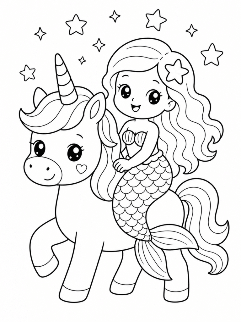 Coloriage licorne et sirène