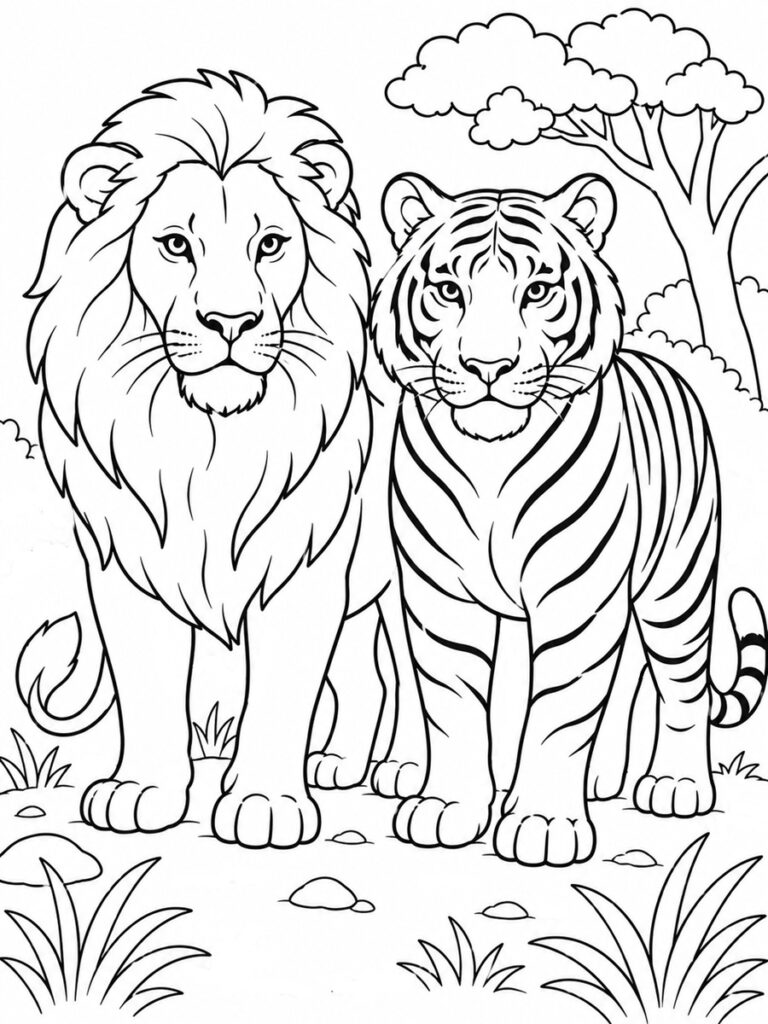 Coloriage lion et tigre