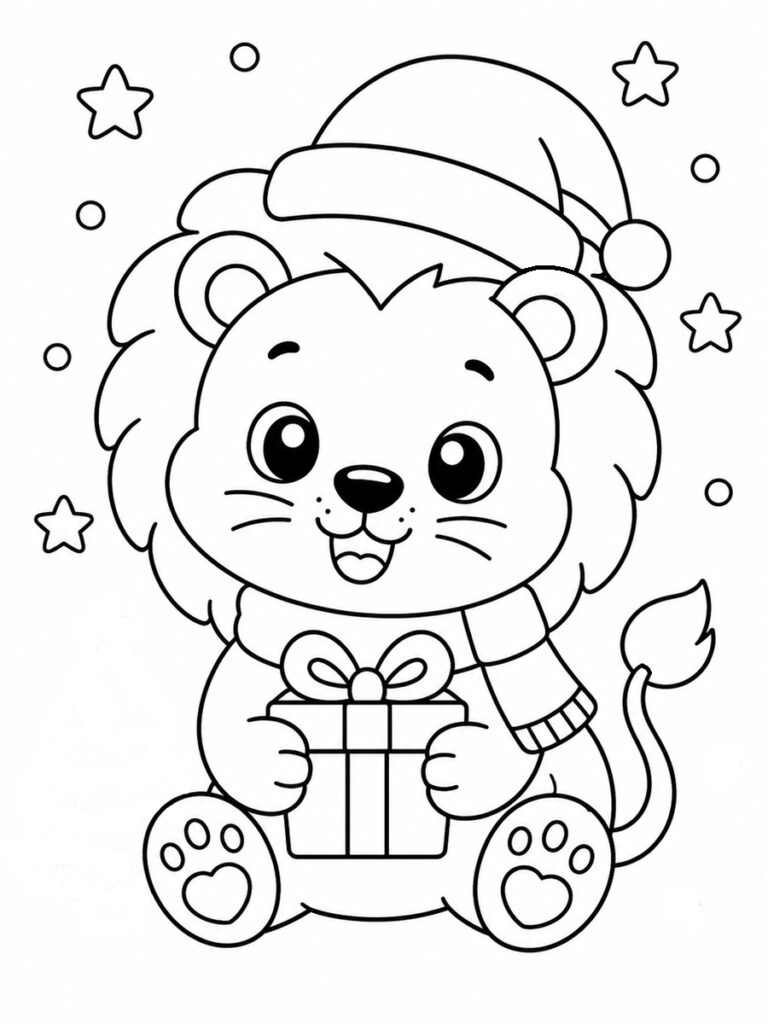 Lion Noël Coloriage lion de Noël