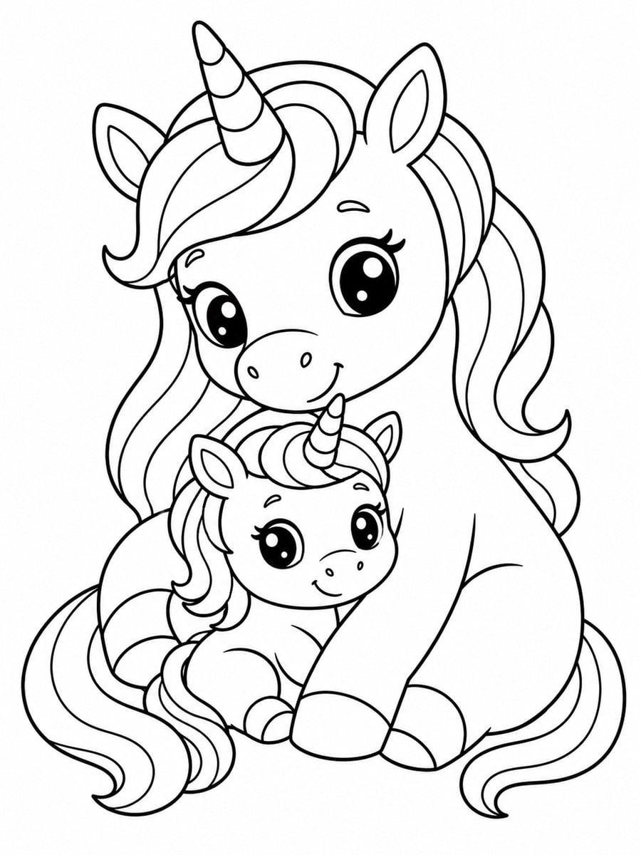 Coloriage maman et bébé licorne
