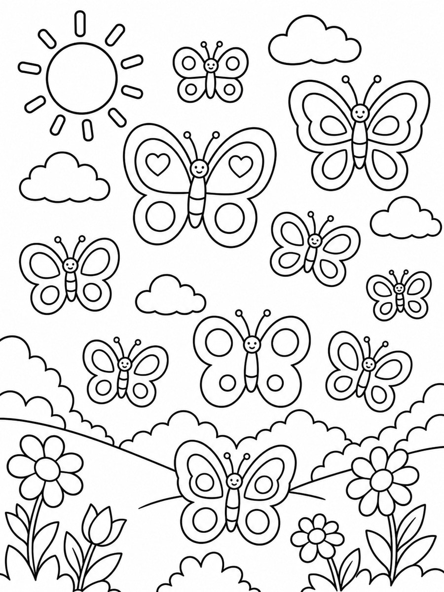 Coloriage nuée de papillons