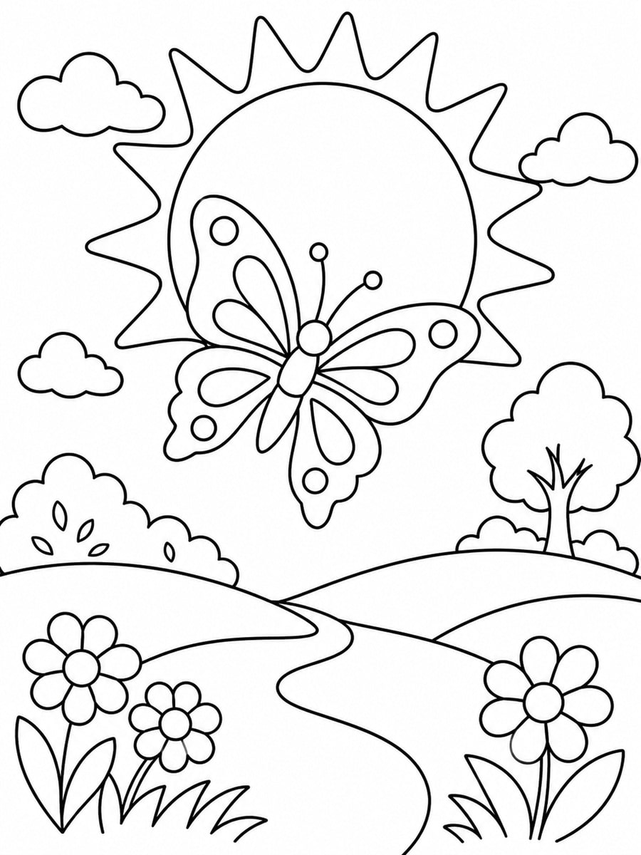 Coloriage papillon et soleil