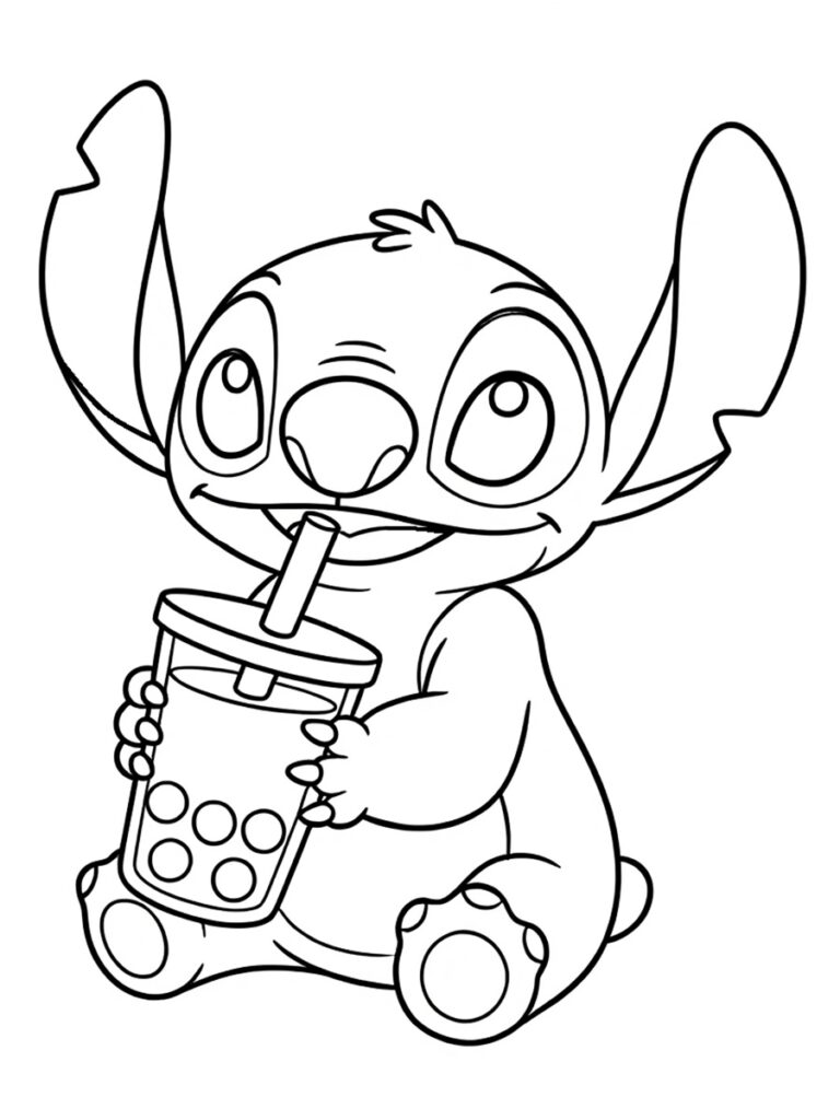 Stitch et bubble tea Coloriage Stitch bubble tea
