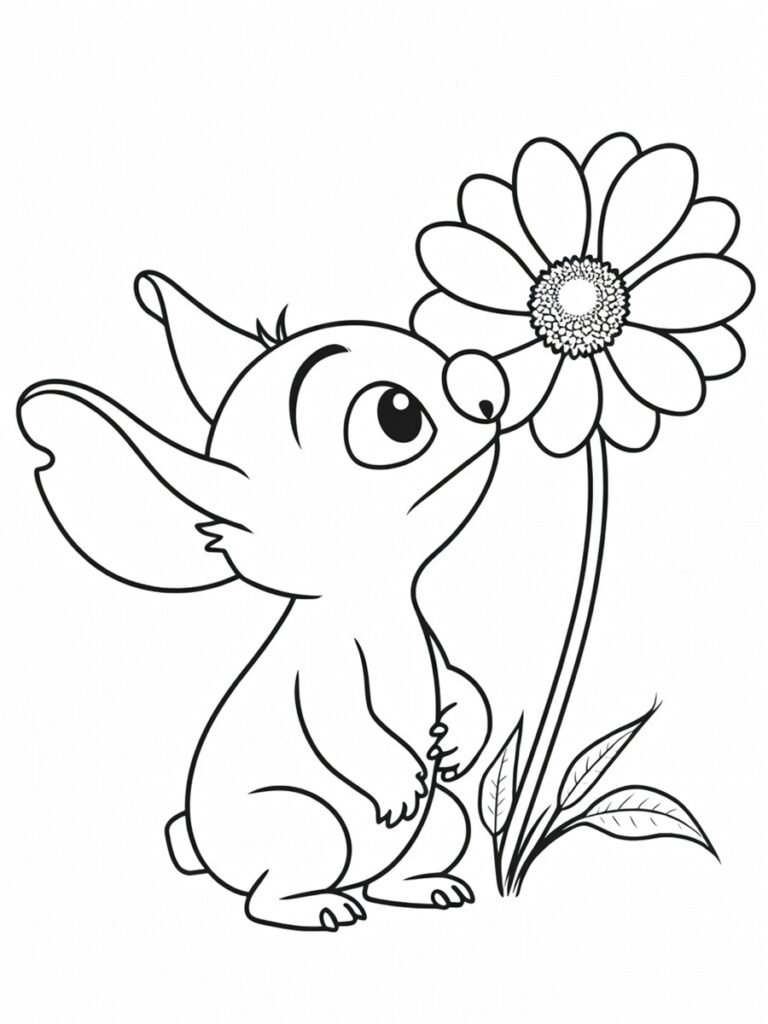 Stitch et fleur Coloriage Stitch et fleurs
