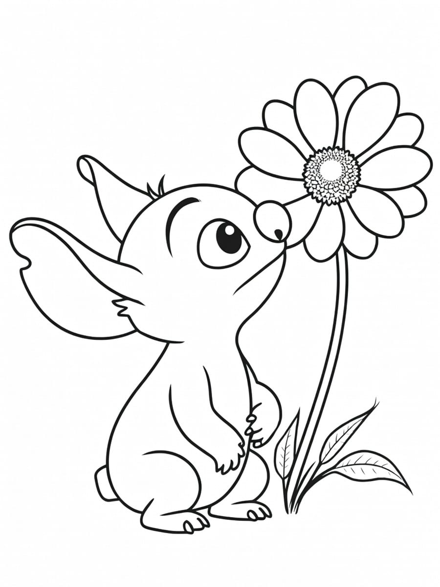 Coloriage Stitch et fleurs