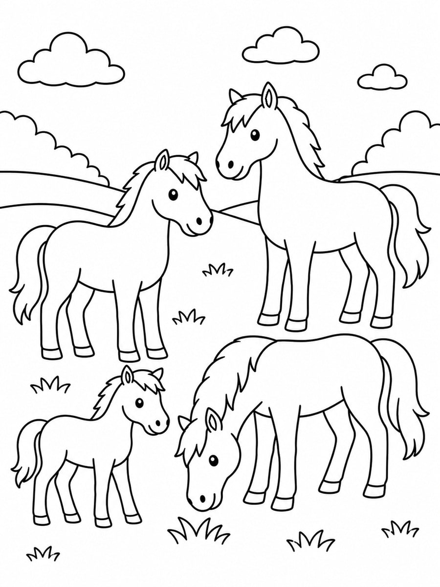 Coloriage troupeau de chevaux