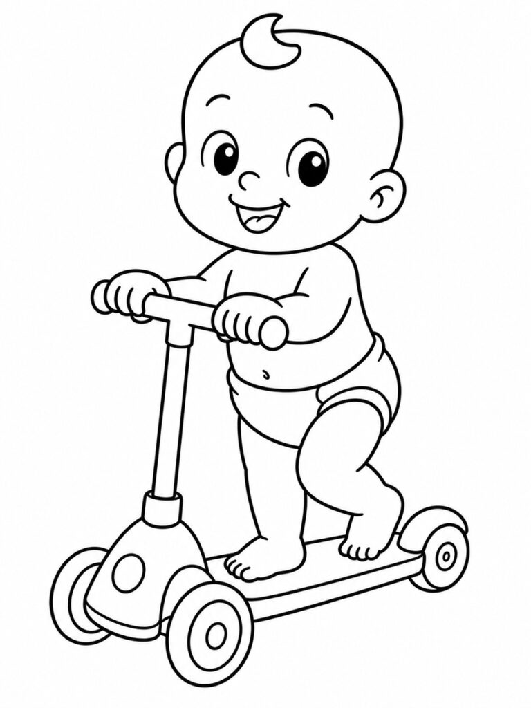 Coloriage bébé sur une trottinette
