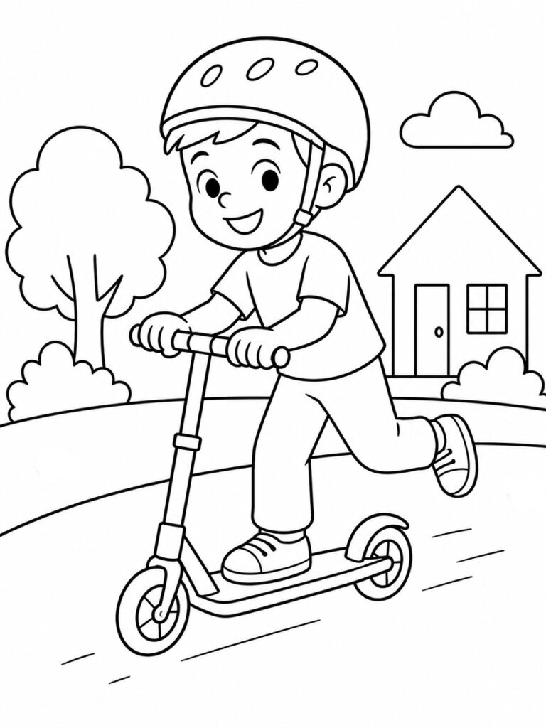 Coloriage enfant sur une trottinette