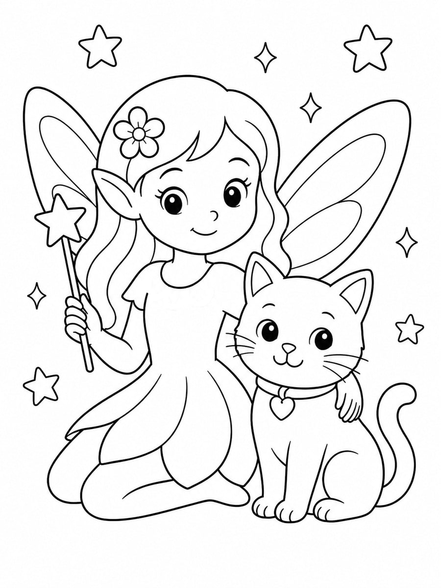 Coloriage fée et chat