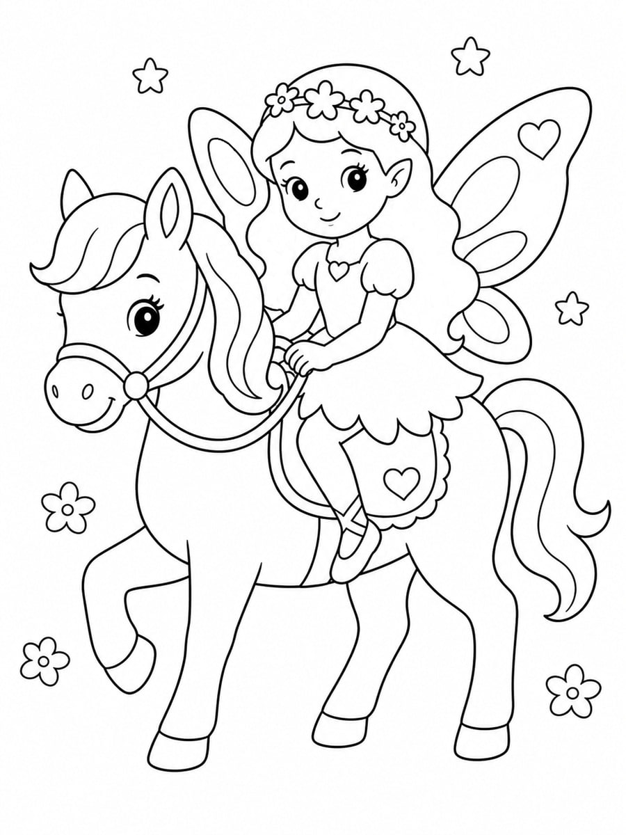 Coloriage fée sur un cheval