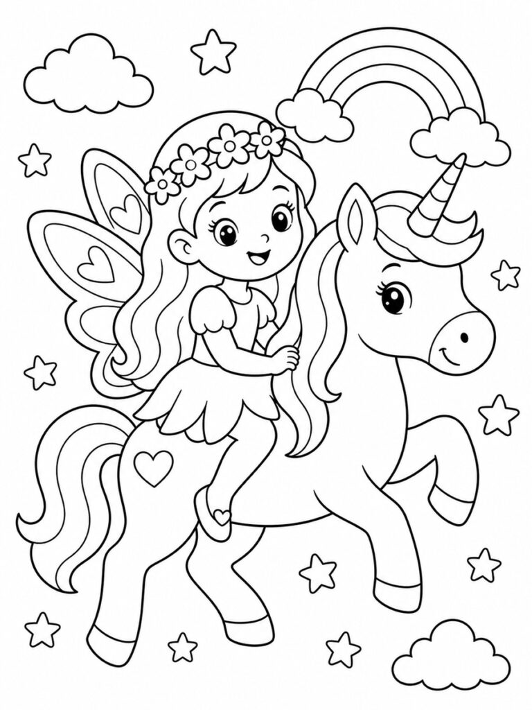 Coloriage fée sur une licorne