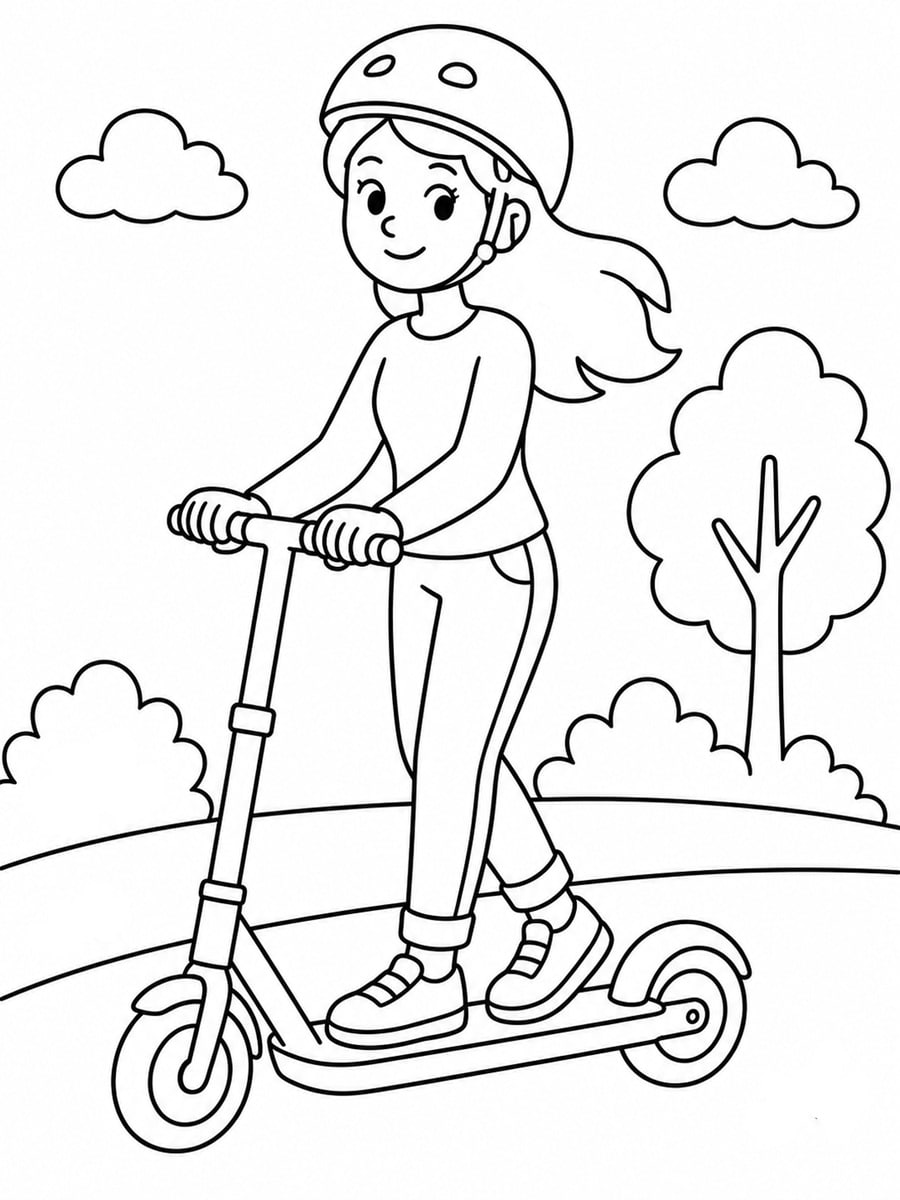 Coloriage femme sur une trottinette