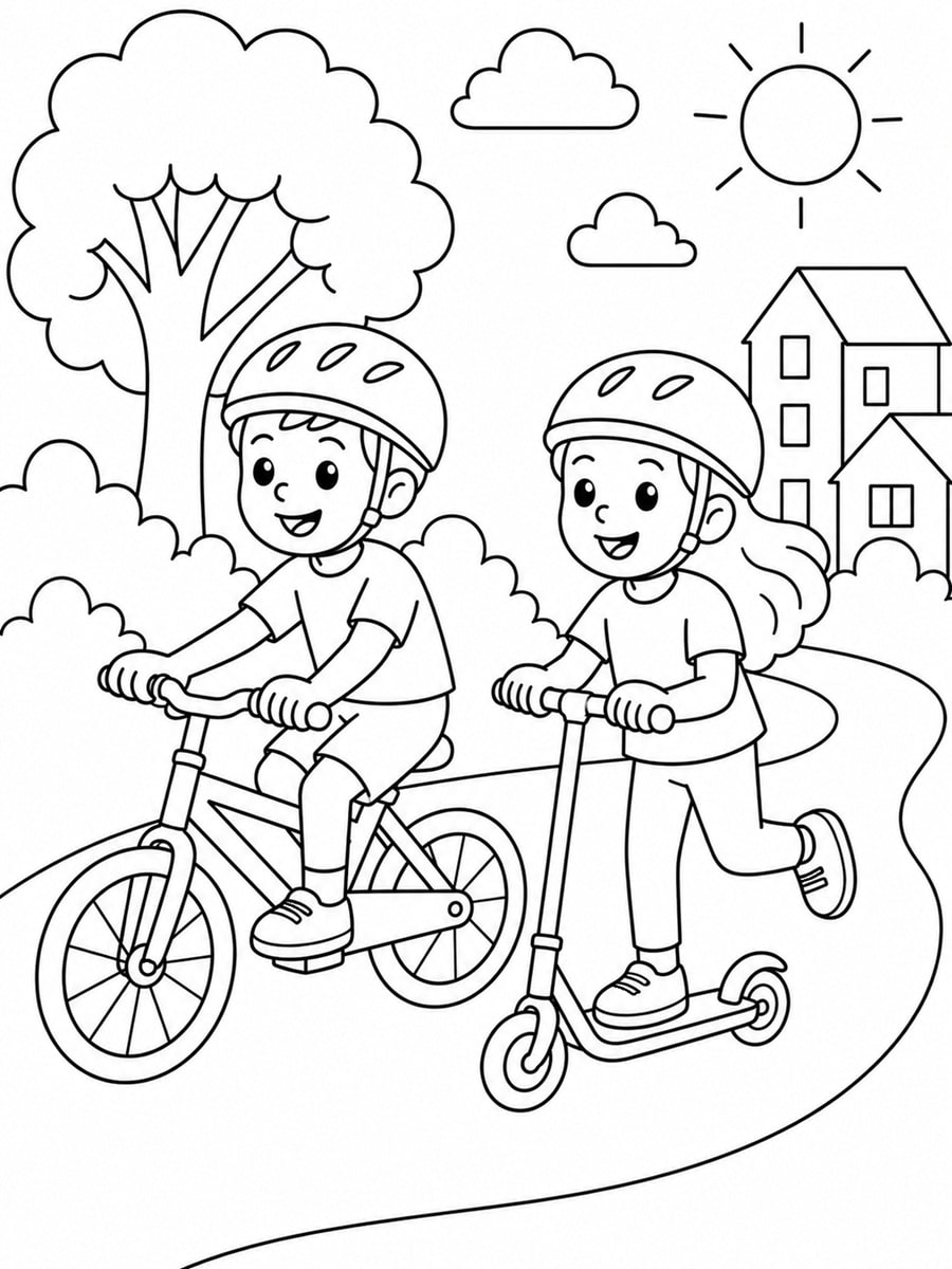 Coloriage vélo et trottinette