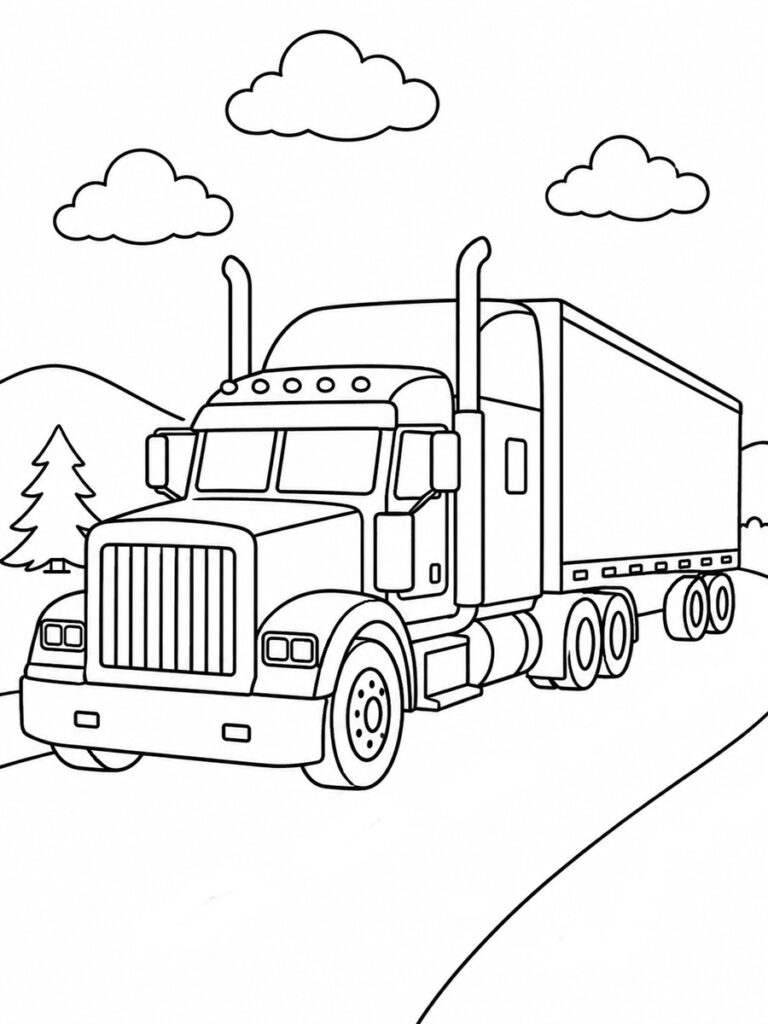 Coloriage camion américain avec remorque