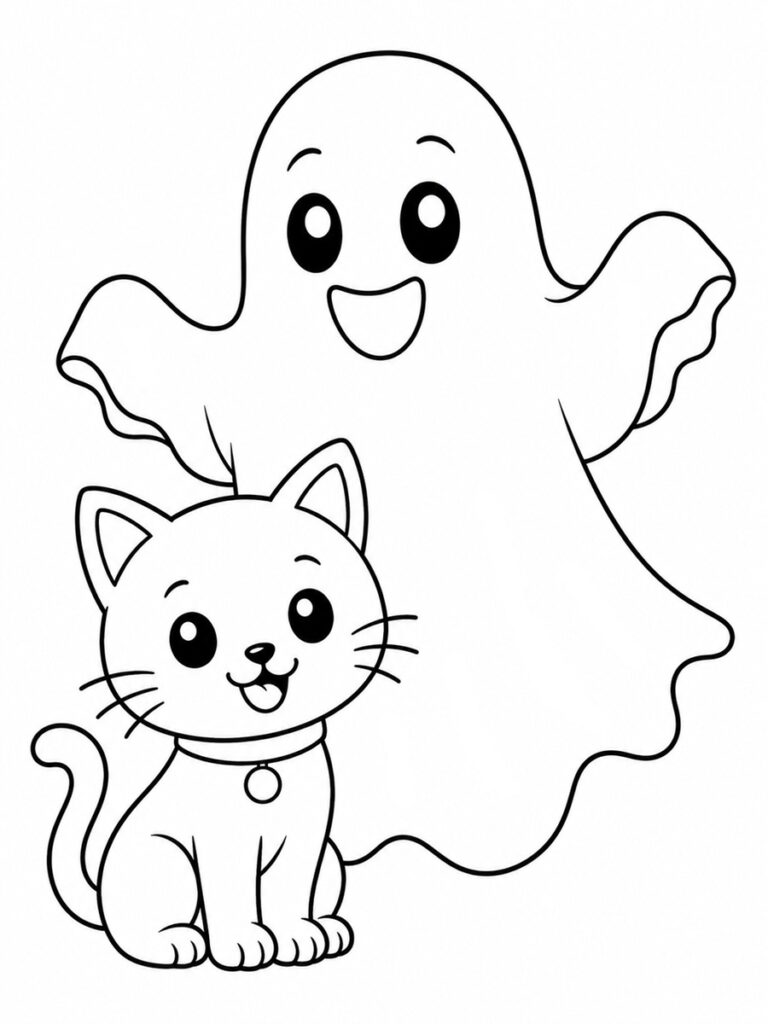 Fantôme et chat Coloriage fantôme et chat