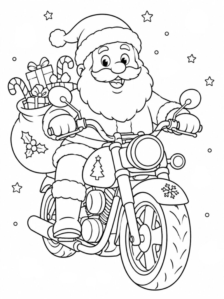 Coloriage Père-Noël à moto
