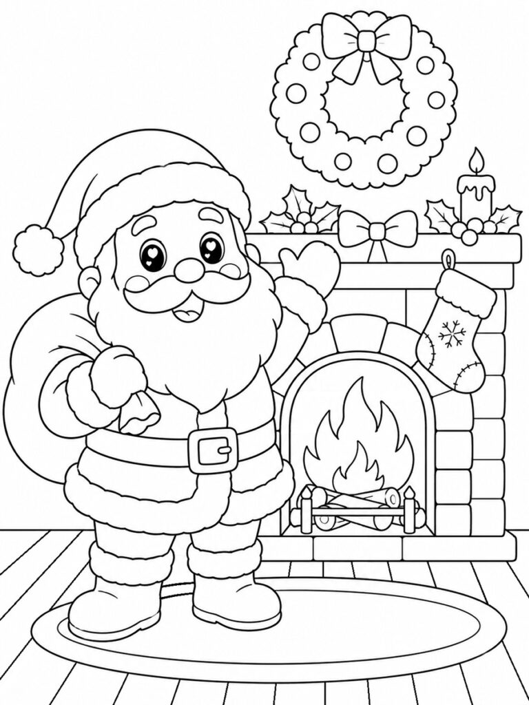 Coloriage Père-Noël cheminée