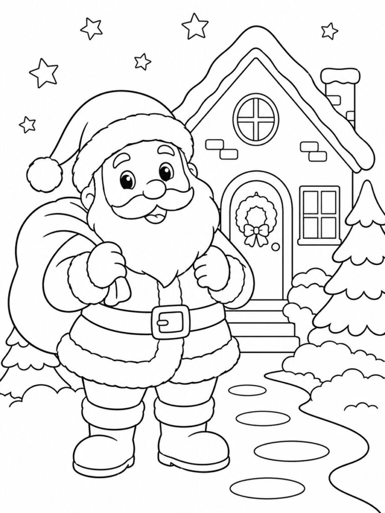 Père-Noël devant une maison Coloriage Père-Noël maison