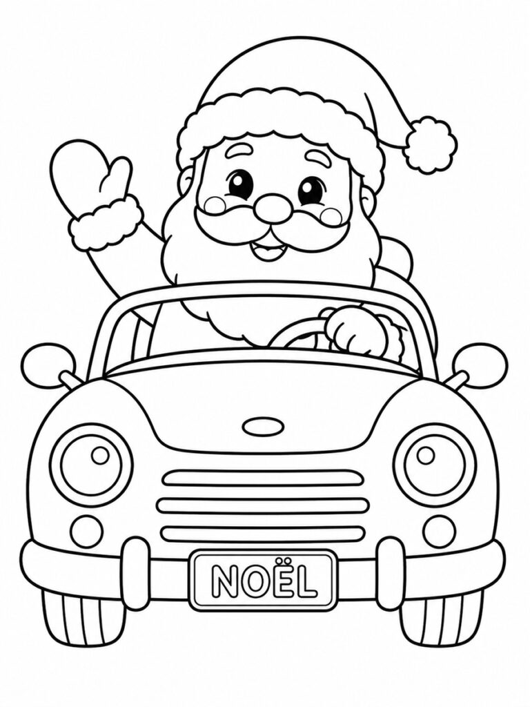 Coloriage Père-Noël en voiture